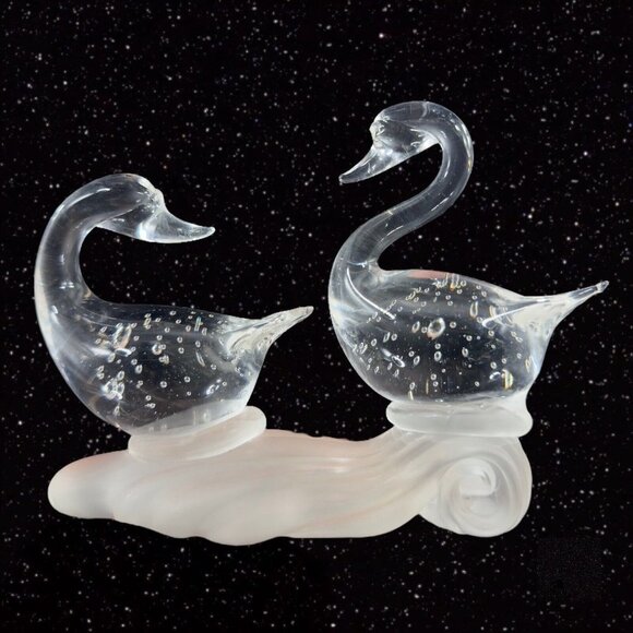 1980s Clear Art Glass Bird Duck Sculpture Figure On Frosted Bottom W Bubbles - Picture 1 of 10